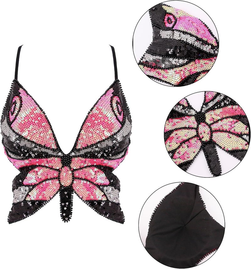 Mocure Womens Glitter Sequin Butterfly Crop Top Low-Cut Tank Top Rave Tube Vest Top for Belly Dance Costume Outfits - Image 5